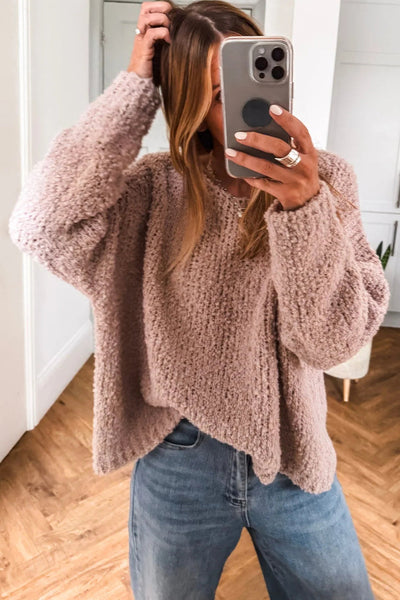 Cozy Women's Dusty Pink Fuzzy Knit Sweater | Loose Fit Round Neck Pullover with Drop Shoulders for Casual Chic Style