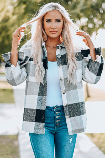 Stylish Women's Gray Plaid Color Block Long Sleeve Jacket with Pockets - Versatile Outerwear for Every Occasion