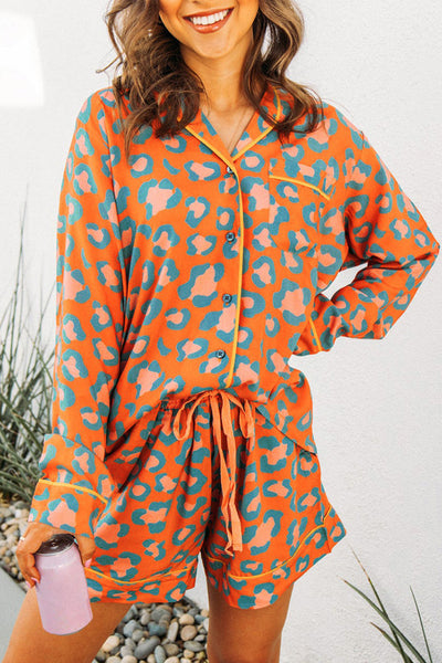 Women's Comfortable Orange Leopard Print Long Sleeve Pajama Set with Shorts for Cozy Sleepwear and Relaxation