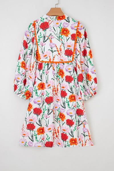 Women's Floral Ricrac Trim Mini Dress with Puff Sleeves