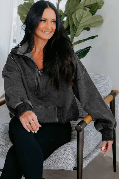Cozy Women's Black Mineral Wash Half Zip Hoodie with Kangaroo Pocket - Relaxed Fit for Effortless Casual Style