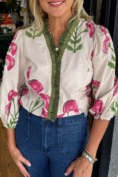 Elegant Beige Floral Blouse for Women with Frilled Neckline & Bracelet Sleeves Perfect for Casual & Formal Occasions