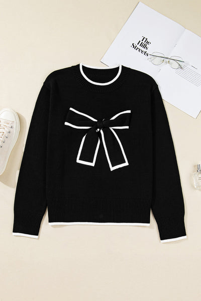 Women's Black Cropped Sweater with Bow Detail and Contrast Trim for Chic Holiday Style and Cozy Comfort