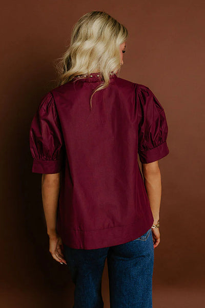 burgundy puff sleeve blouse for women chic v-neck top with rivet details for effortless style and comfort with practical styling and dependable