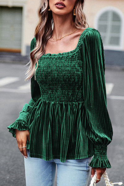 Women's Smocked Ribbed Velvet Babydoll Top in Blackish Green - Chic and Comfortable for Effortless Everyday Style