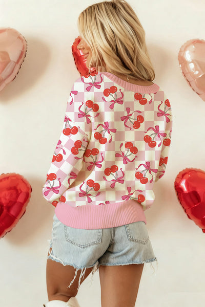 Cozy Women's Pink Checkered Sweater with Cherry Bow Print, Ribbed Trim & Drop Shoulder Design for Effortless Style