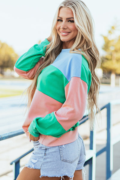 Trendy Women's Pastel Colorblock Sweatshirt - Relaxed Fit with Stylish Drop Shoulder and Blossom Patchwork Design