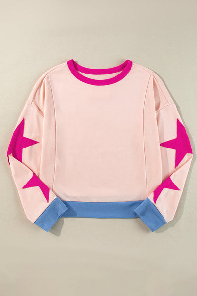 Trendy Light Pink Oversized Sweatshirt for Women with Star Patchwork & Exposed Seams Cozy Everyday Essential
