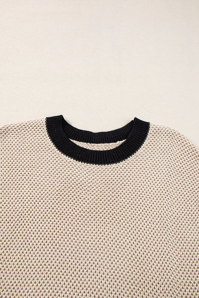 Women's Light Beige Batwing Sleeve Sweater Top - Chic Round Neck Knit Pullover with Contrast Trim for Effortless Style