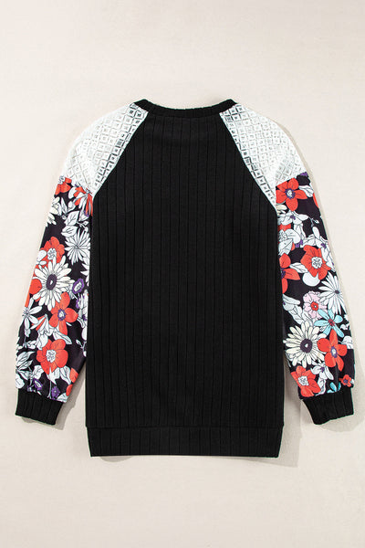 Elegant Women's Black Floral Patchwork Long Sleeve Blouse - Stylish Ribbed Top for Comfortable Everyday Wear
