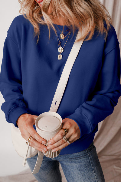 Cozy Women's Navy Blue Fleece-Lined Drop Shoulder Sweatshirt - Casual Comfort for Everyday Wear