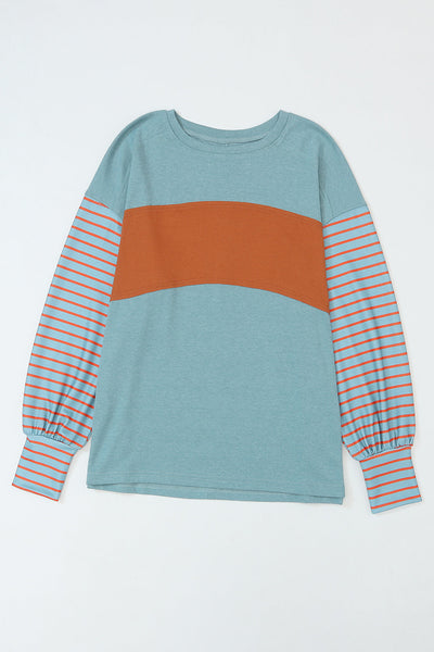 Trendy Women's Green Colorblock Striped Bishop Sleeve Blouse - Stylish Casual Top for Chic Everyday Looks