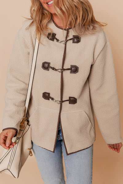 Women's Apricot Faux Shearling Toggle Coat with Contrast Piping