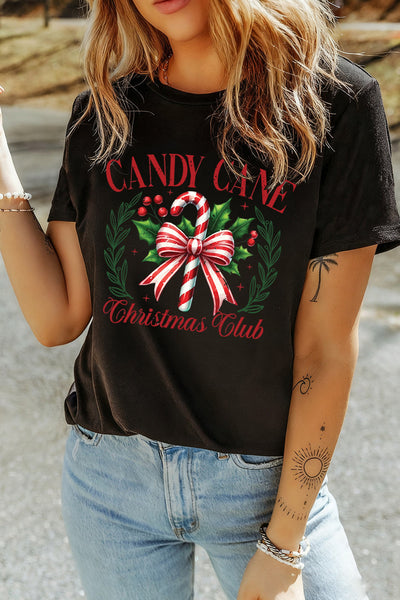 Women's Candy Cane Christmas Club Graphic Tee in Premium Black Jersey made for easy styling and wardrobe coordination, with premium-like structure and