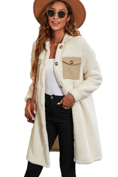 Cozy Women's Beige Teddy Coat with Contrast Flap Pockets, Stylish Single Breasted Outerwear for Cold Weather