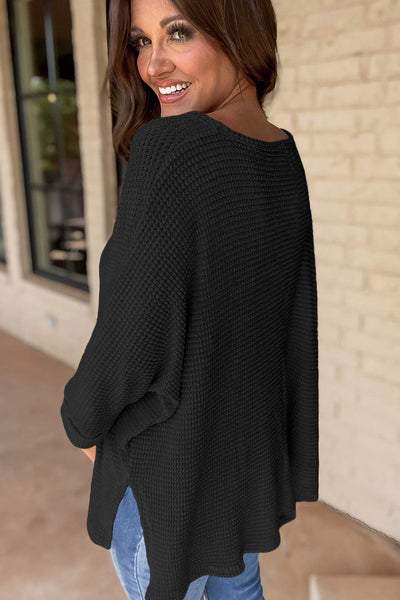 Women's Black Waffle Knit V-Neck Top with Side Slits - Relaxed Fit Casual Tee for Effortless Everyday Style