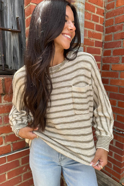 Cozy Women's Green Stripe Dolman Sweater with Pocket - Chic Casual Knit Top for Effortless Everyday Style