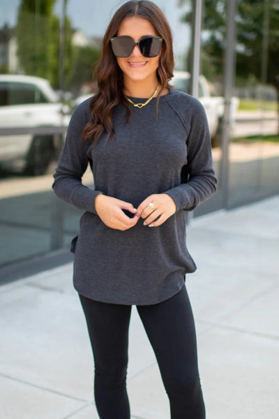 Cozy Women's Dark Grey Thermal Knit Raglan Sleeve Top with Exposed Seams - Casual All-Day Comfort Fit