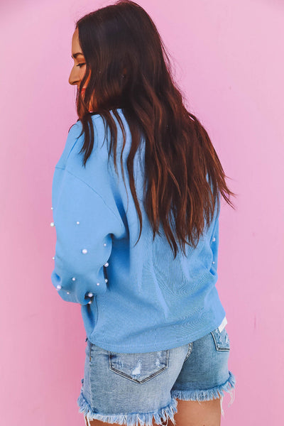 Cozy Women's Myosotis Drop Shoulder Pullover Sweatshirt with Pearled Sleeves - Chic Round Neck Top for Effortless Style