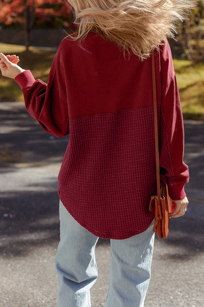 Cozy Women's Red Dahlia Waffle Knit Half-Zip Sweatshirt with Patchwork Design for Casual Everyday Wear