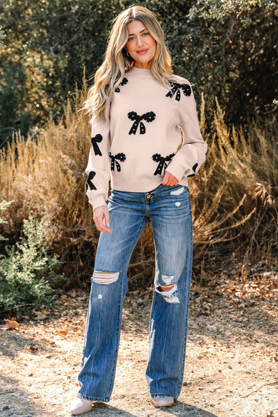 Women's Pearl-Studded Bow Intarsia Knit Sweater in Champagne
