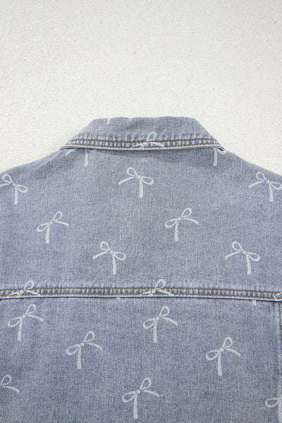 Women's Sky Blue Bow Print Raw Hem Denim Jacket
