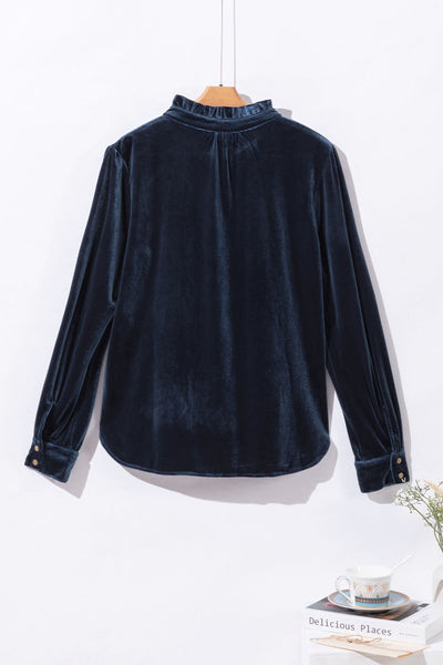 Chic Navy Blue Velvet Women's Top with Frilled Neck and Button Detail - Ideal for Casual and Dressy Events