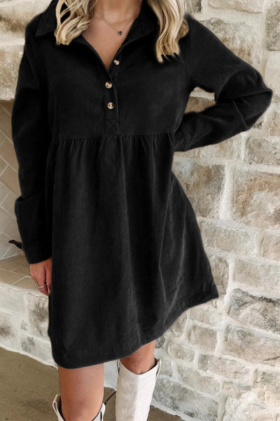 Stylish Women's Black Corduroy Mini Dress with Half Button Collar & Long Sleeves Versatile for Every Occasion
