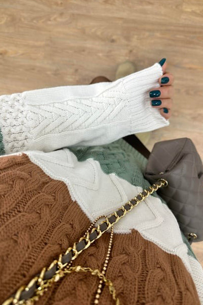 Cozy Women's Green Color Block Knit Sweater with Cable Texture - Relaxed Fit for Effortless Casual Style