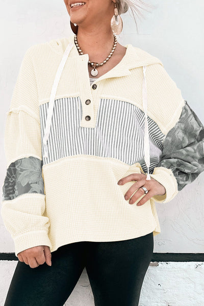 Women's Casual White Waffle Knit Hooded Long Sleeve Top with Drawstring - Stylish Patchwork Design for Everyday Comfort