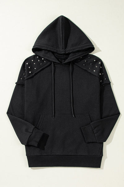 Chic Women's Black Raglan Hoodie with Pocket - Trendy Rivet-Studded Comfortable Casual Wear for Everyday Style