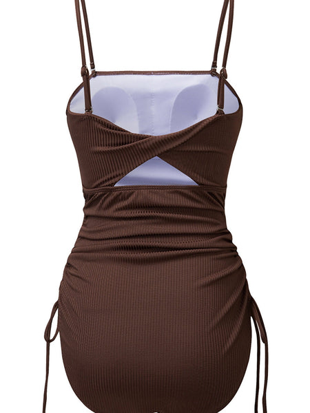 Ribbed Coffee Boho Drawstring Monokini Swimsuit