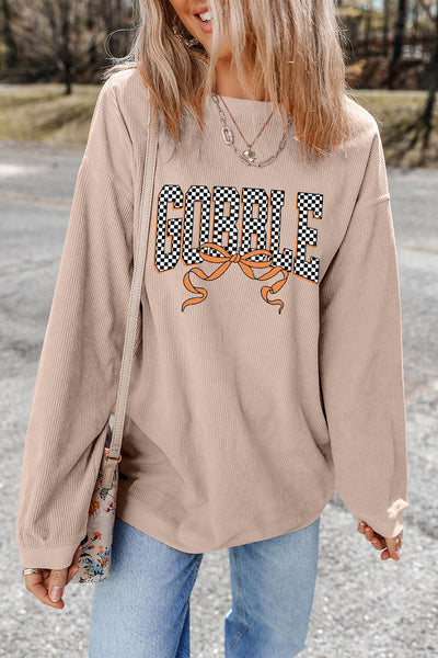 Gobble Checkered Graphic Ribbed Sweatshirt in Apricot with practical styling and dependable silhouette control.