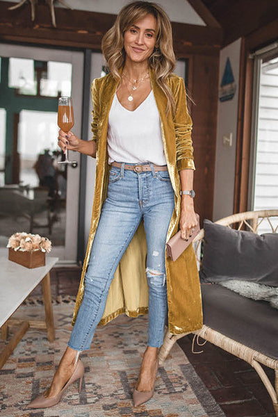 Stylish Women's Yellow Velvet Duster Coat with Pockets - Comfortable Open Front Design for Effortless Chic Looks