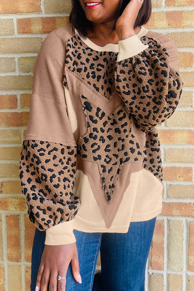 Women's Leopard Star Waffle-Knit Color-Block Sweatshirt