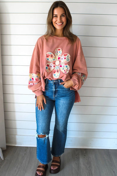 Cozy Floral Patch Women's Sweatshirt - Soft Cotton, Casual Everyday Style with Relaxed Fit for Ultimate Comfort
