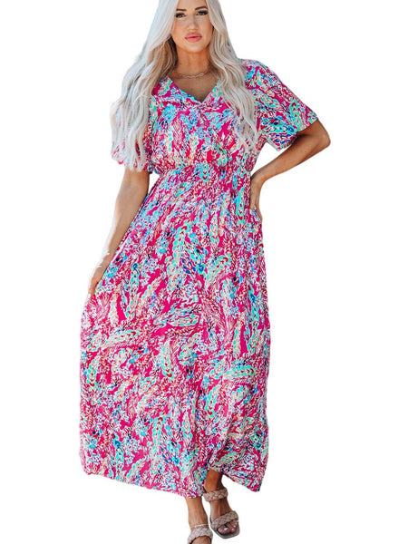 Vintage Print Puff Sleeve Maxi Dress