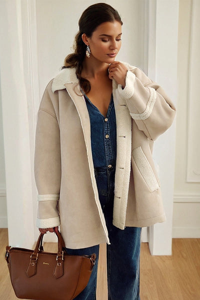 Cozy Women's Parchment Suede Sherpa-Lined Western Jacket - Relaxed Fit for Effortless Style and Warmth