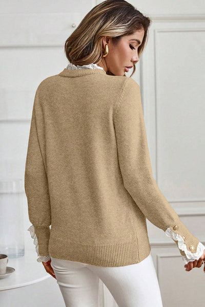 Light Beige Women's Lace Trim Patchwork Sweater with Buttoned Cuffs - Cozy Relaxed Fit for Effortless Style