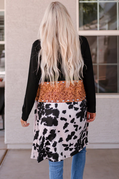 Chic Women's Black Cow Print Patchwork Cardigan - Cozy Open Front Layer for Trendy Western Style Outfits