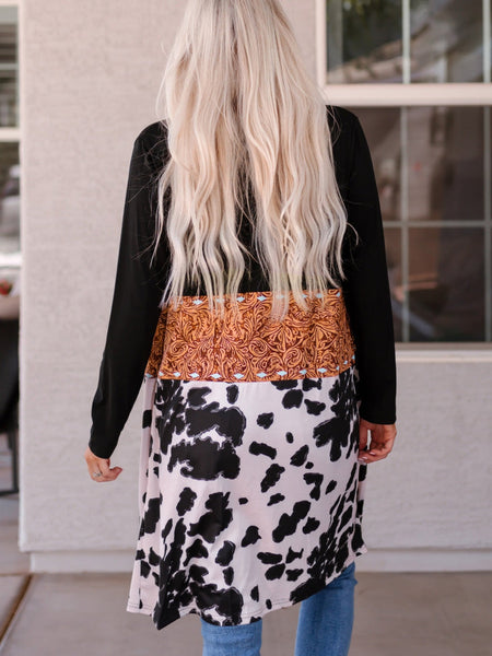 Cow Print Western Style Patchwork Cardigan