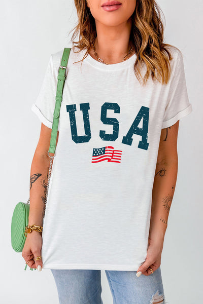 Patriotic Oversized White Tee with USA Flag Print