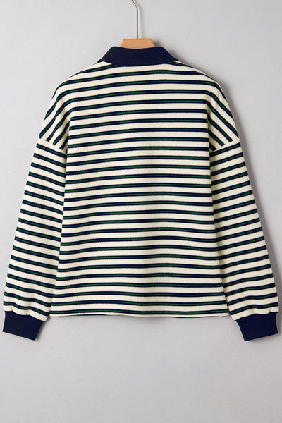 women's chic women's navy blue striped long sleeve top with contrast collar and zip v-neck - casual everyday style with practical styling and