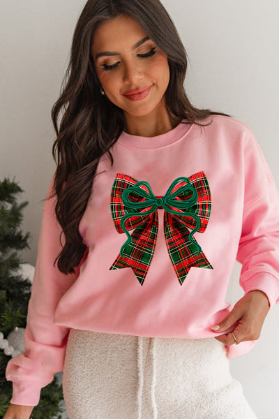 Women's Plaid Bow Graphic Pink Sweatshirt | Cotton-Blend Holiday Top