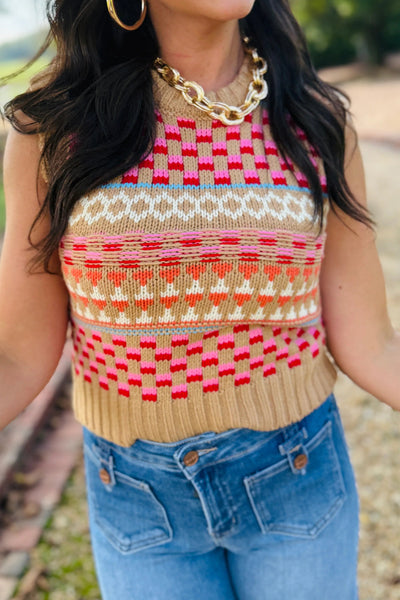Stylish Women's Khaki Knit Slim Tank Top with Playful Geometric Pattern - Ideal for Casual Wear or Layering