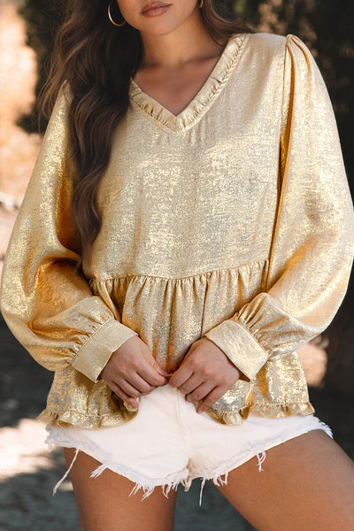 stylish women's gold metallic frilled v-neck puff sleeve babydoll blouse for day or night fashion looks with practical styling and dependable
