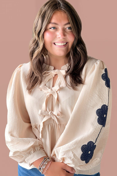 Plus Size Women's Apricot Floral Embroidered Babydoll Blouse with Puff Sleeves and Bow Tie Front Detail