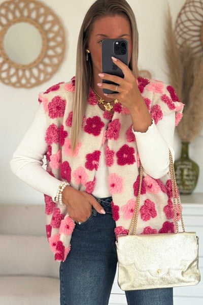 Women Cozy Rose Red Plush Open Front Vest with Floral Embellishments - Chic Layering Essential for Any Occasion