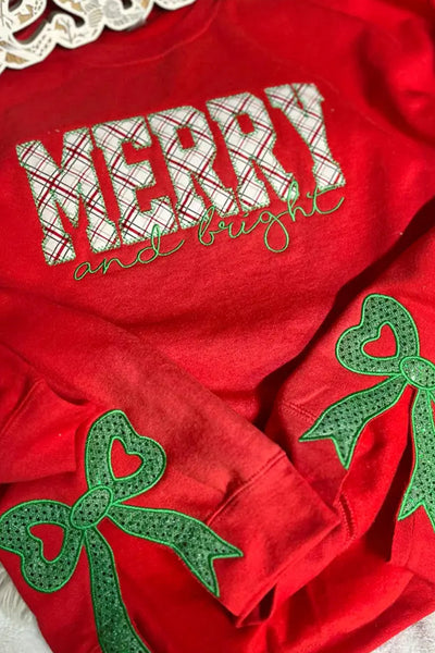 Festive Women's Fiery Red Christmas Sweatshirt with Plaid Detail, Embroidered Letters, and Sequin Bow Holiday Chic