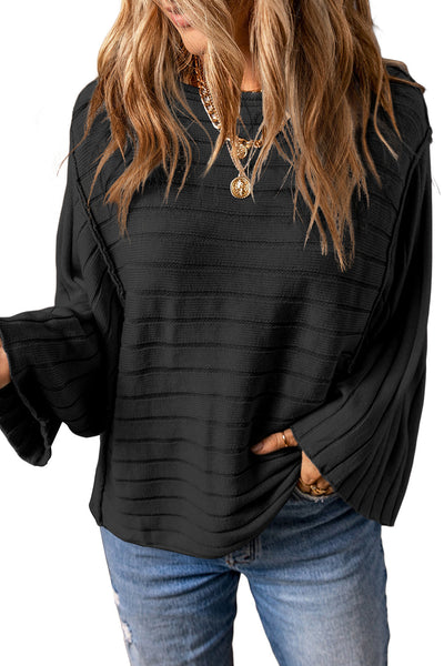 Stylish Women's Black Ribbed Dolman Top with Exposed Seams - Comfortable Everyday Wear for Effortless Chic